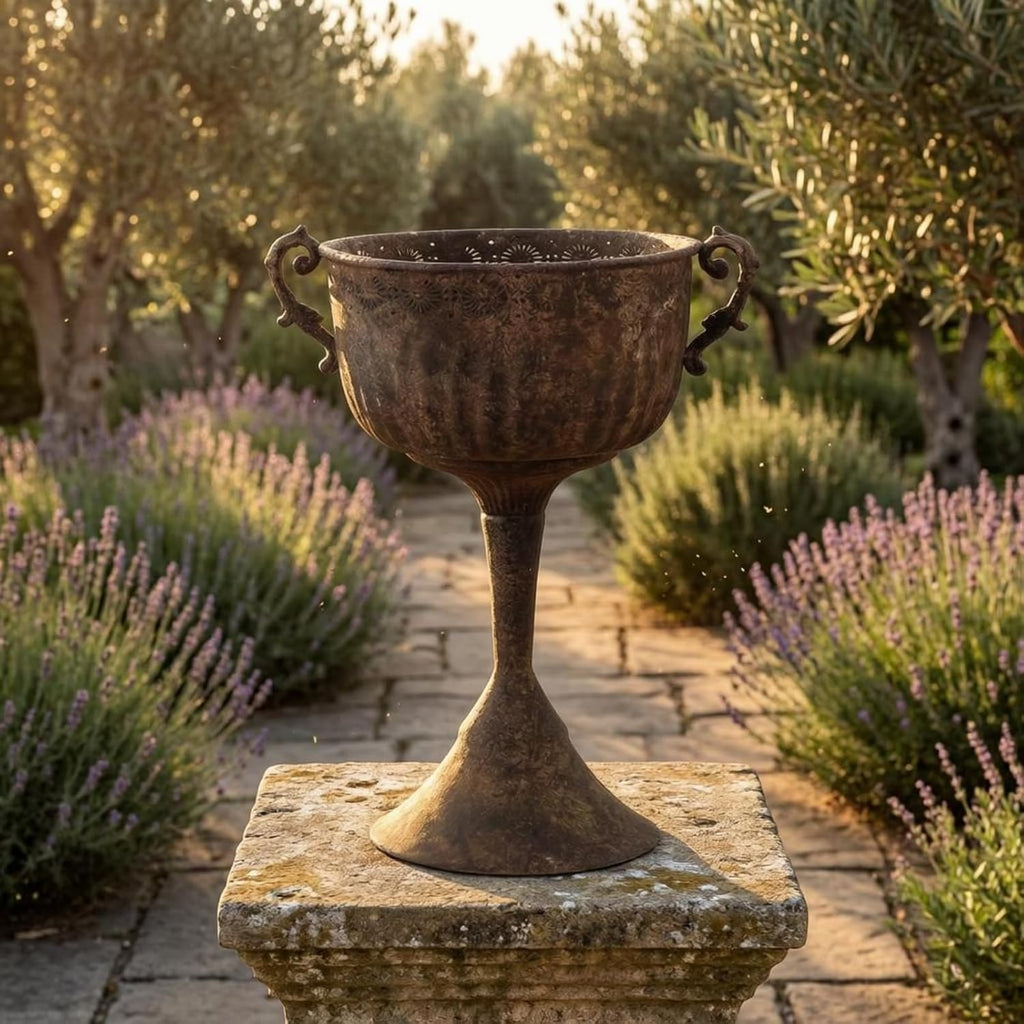 Outdoor Trophy Planter Urn Planter Pedestal Planter Flower Planter with Stone Like Brown Finish and Embossed Band