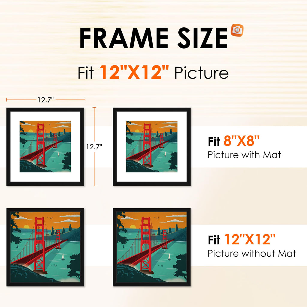 12x12 Picture Frame Set of 4, Photo Frame with HD Plexiglass, Display Pictures 8x8 with Mat or 12x12 Without Mat