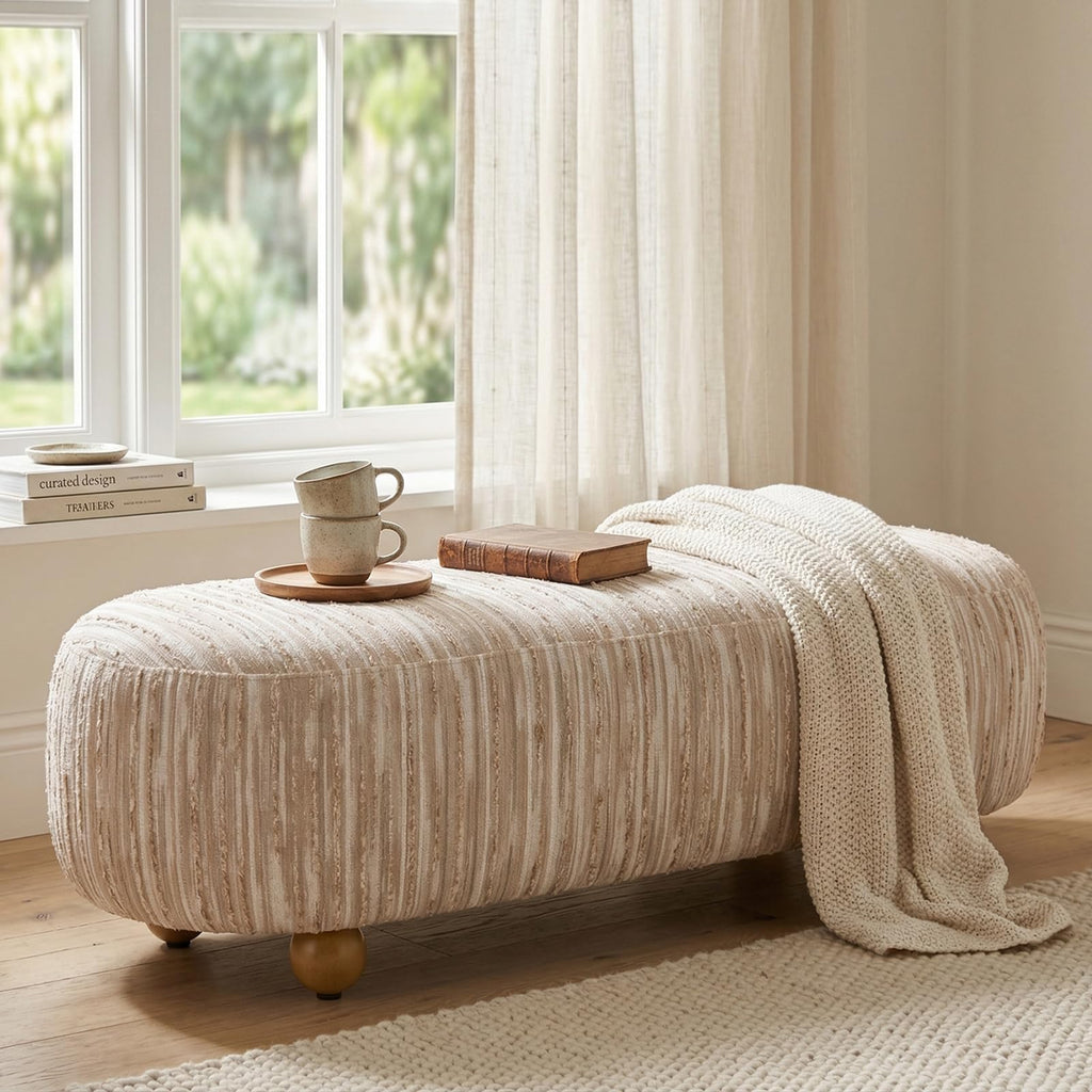 54" Upholstered Bedroom Bench, Boho Striped Linen-Look Oval Ottoman with Wood Legs, End of Bed or Entryway Accent