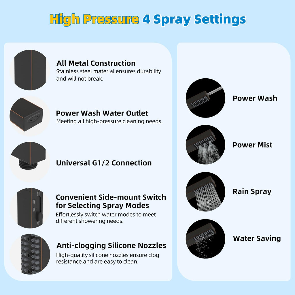 All Metal cUPC Certified Shower Head, 8'' High Pressure Rainfall Showerhead Combo, Handheld Shower Wand, 12''