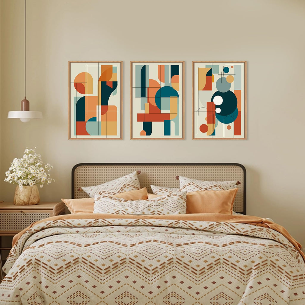 Mid Century Modern Wall Art Set Framed, Modern Canvas Art Wall Decor, Large Abstract Wall Painting, 3 Piece 16x24