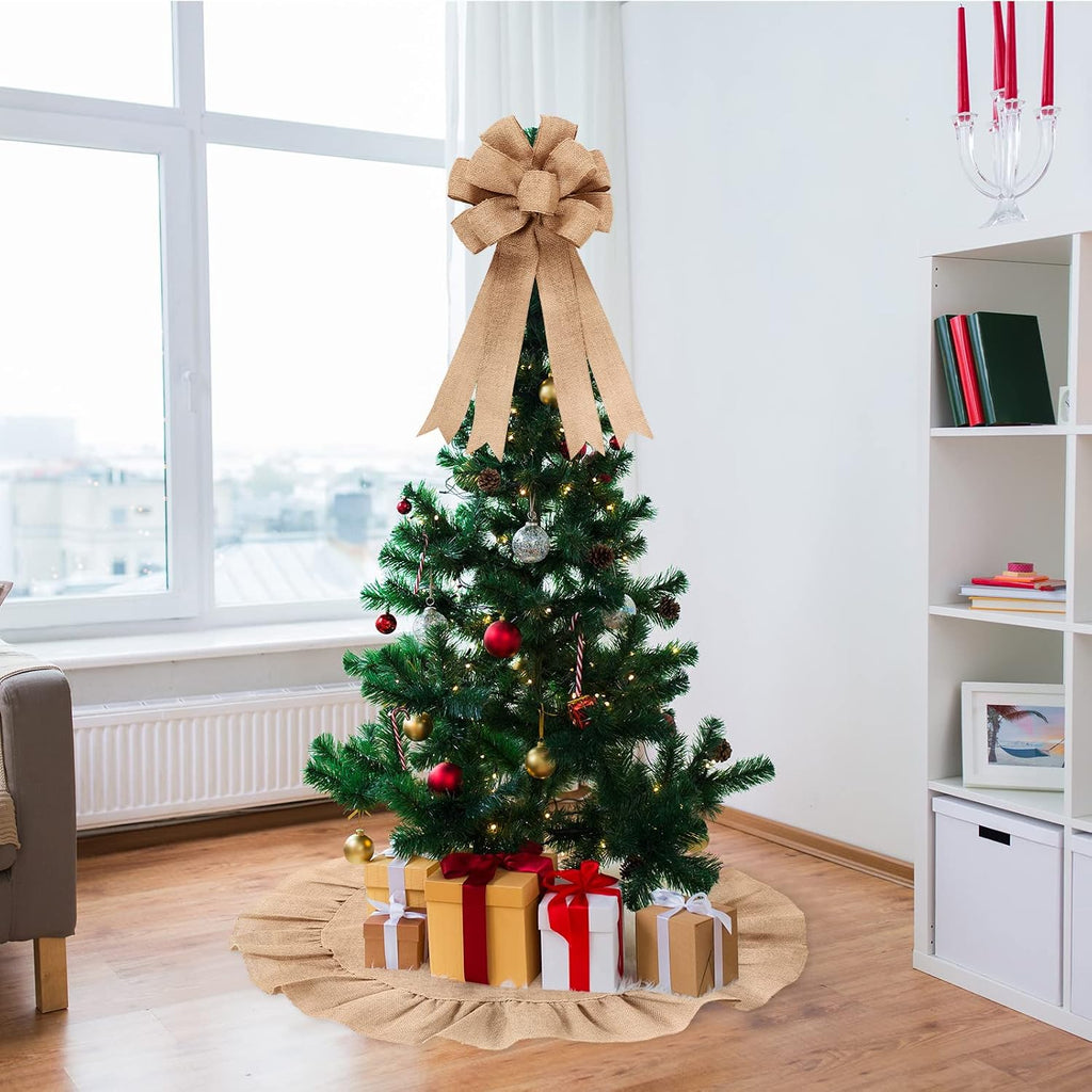 Burlap Christmas Tree Topper with 39.4 Inch Ruffle Christmas Tree Skirt and 34 Inch Large Vintage Ribbon Bow - Set of 2