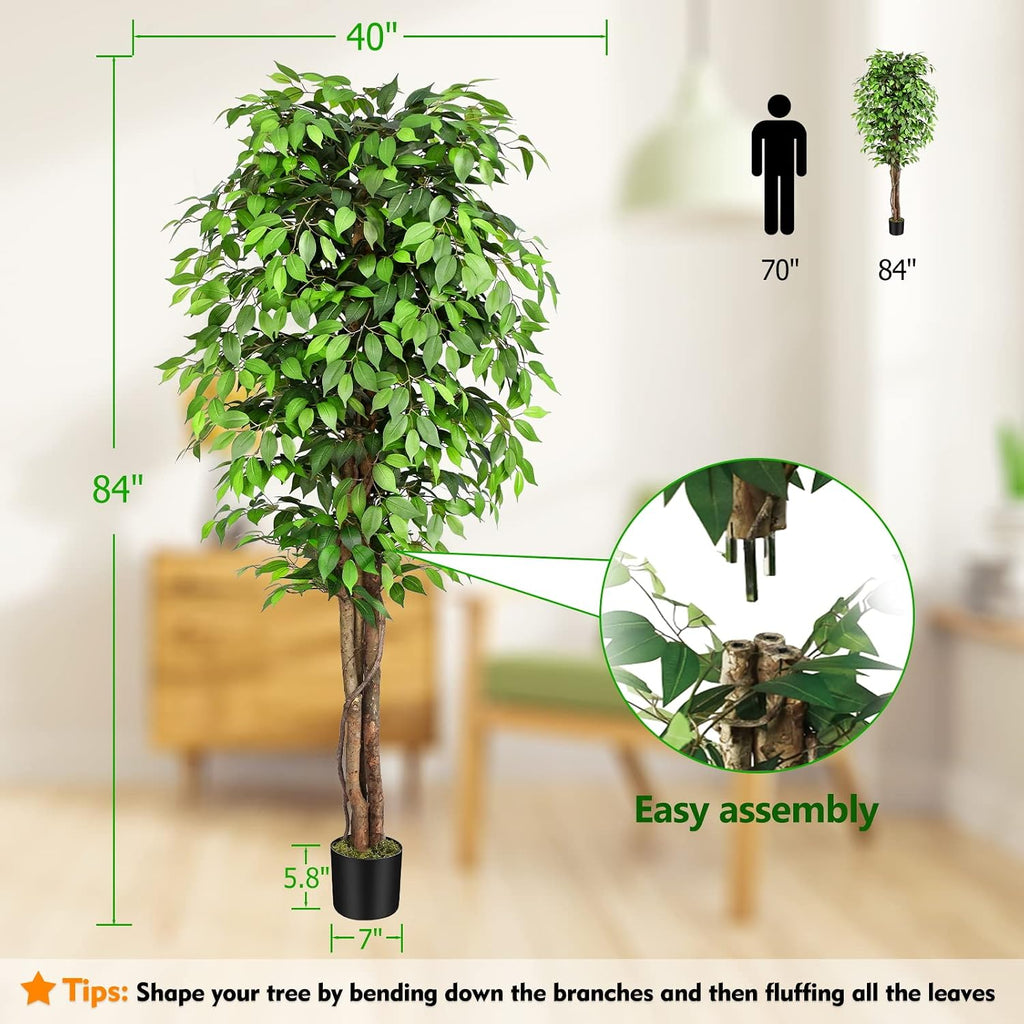 7ft Large Ficus Artificial Trees with Natural Curved Trunks, 84" Tall Lush Faux Tree Decor Indoor, Green Lifelike
