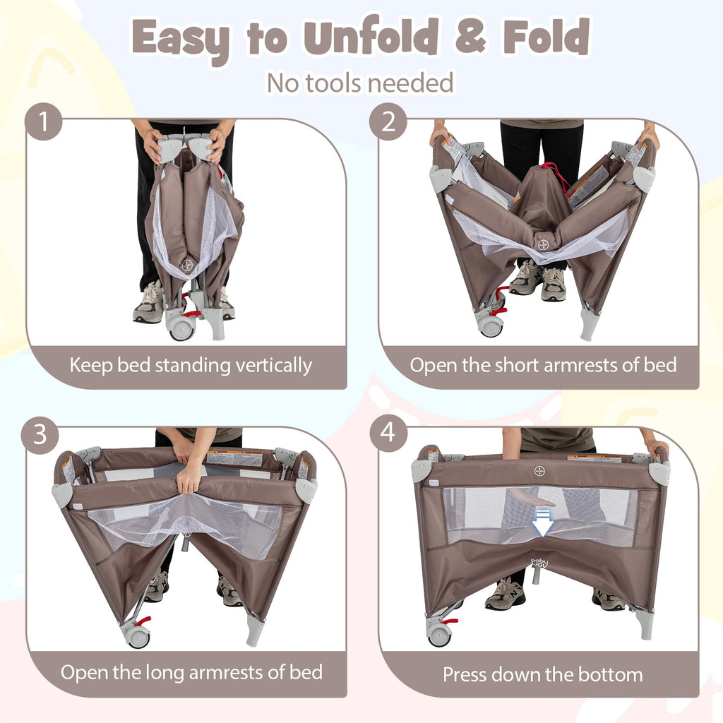 JOY 5-in-1 Play Yard, Portable Baby Bedside Sleeper with Bassinet, U-Shaped Diaper Changer, Safety Strap, Side