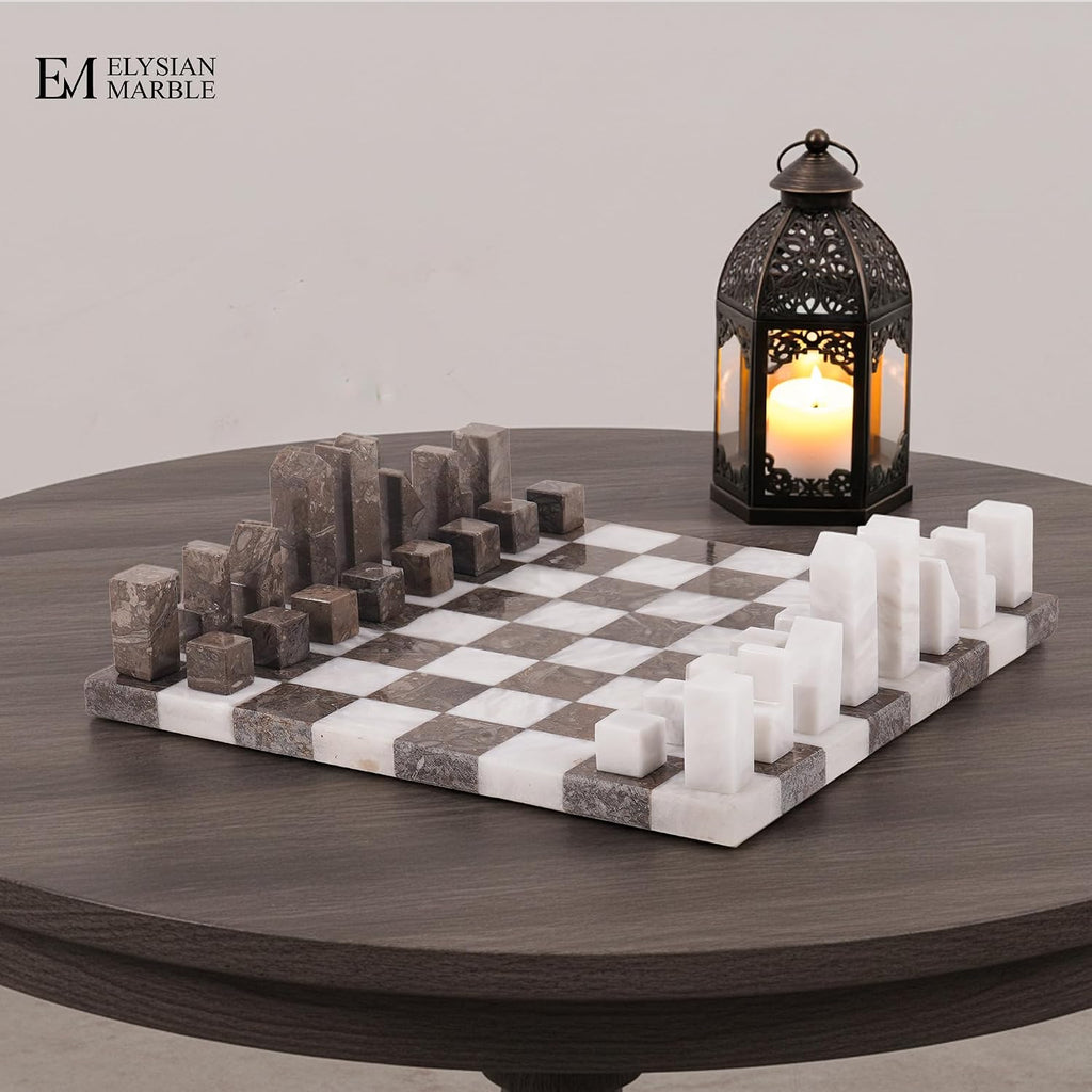 Modern Chess Set - Handcrafted Borderless Marble Chess Board with Minimalist Geometric Pieces, Luxury Decorative