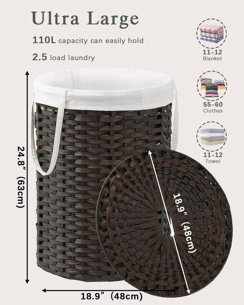 Laundry Basket with Lid Round Rattan PE Laundry Hamper, Brown