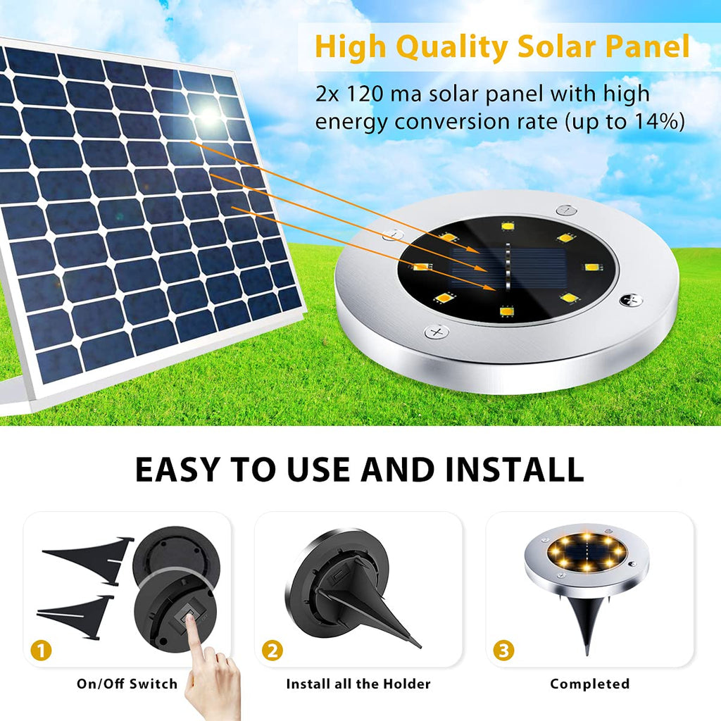 12 Pack 8LED Solar Garden Lights Outdoor Waterproof Sidewalk Disk Bright In-Ground Landscape Lighting for Lawn Patio