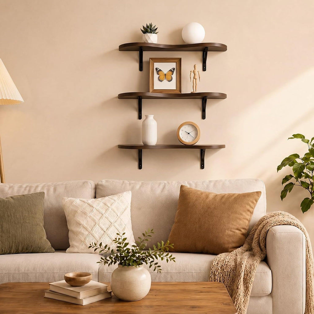 3 Pcs Wooden Floating Shelves Wavy Cloud Shelves Wood Walnut Shelf Live Edge Wall Mount Shelf Dark Brown Rustic