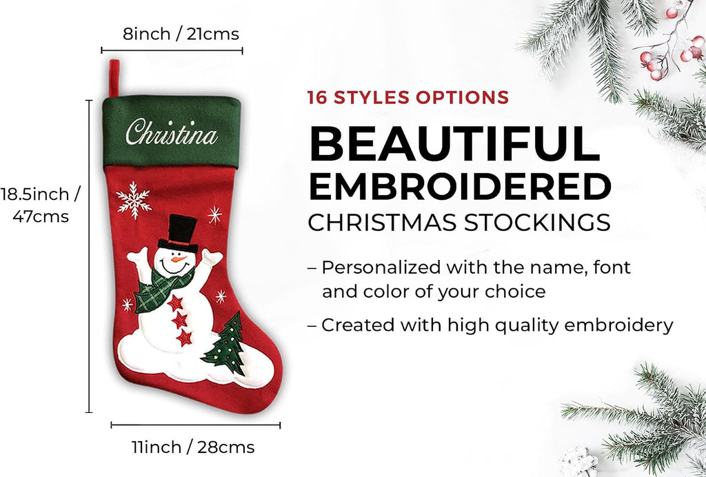Personalized - Snowman Design - Embroidered Name - Large 18.5inch, Traditional Red and Green, Family Holiday Season
