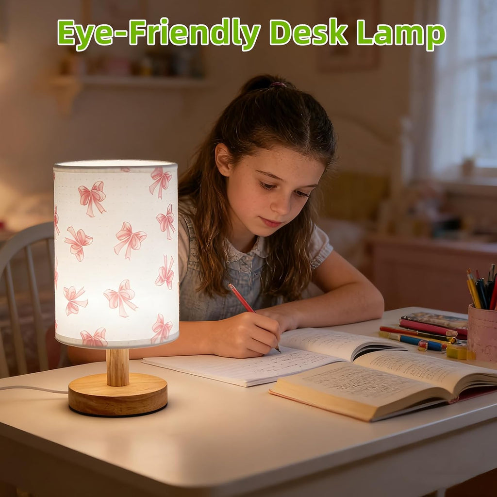 Pink Bow Bedside Table Lamp,Kids Room Decorative Lights 3 Colors Dimmable Nightstand Night Light with Flaxen Fabric