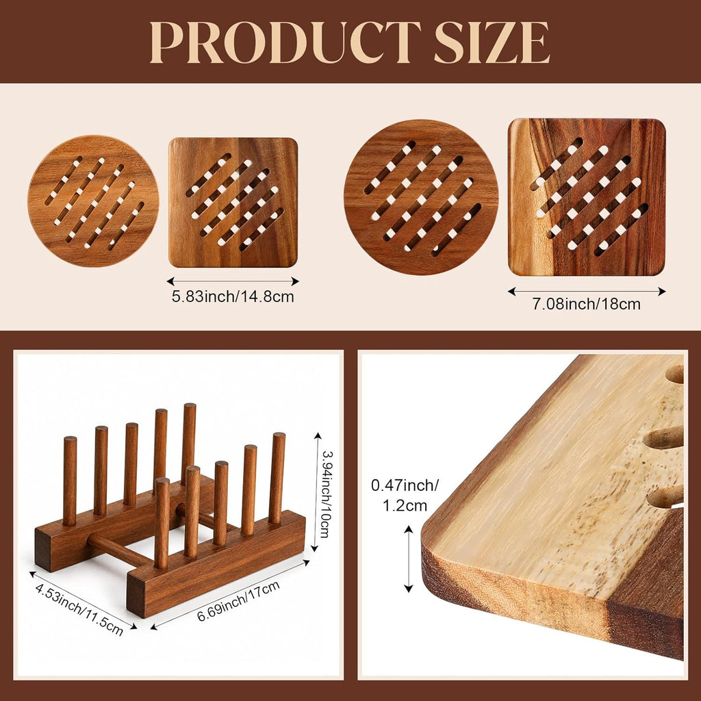 Acacia Trivet Mat and Trivet Holder Set 5.8 inch 7 inch Thicken Acacia Wood Hot Pads Trivets Heat Resistant - Set of 5
