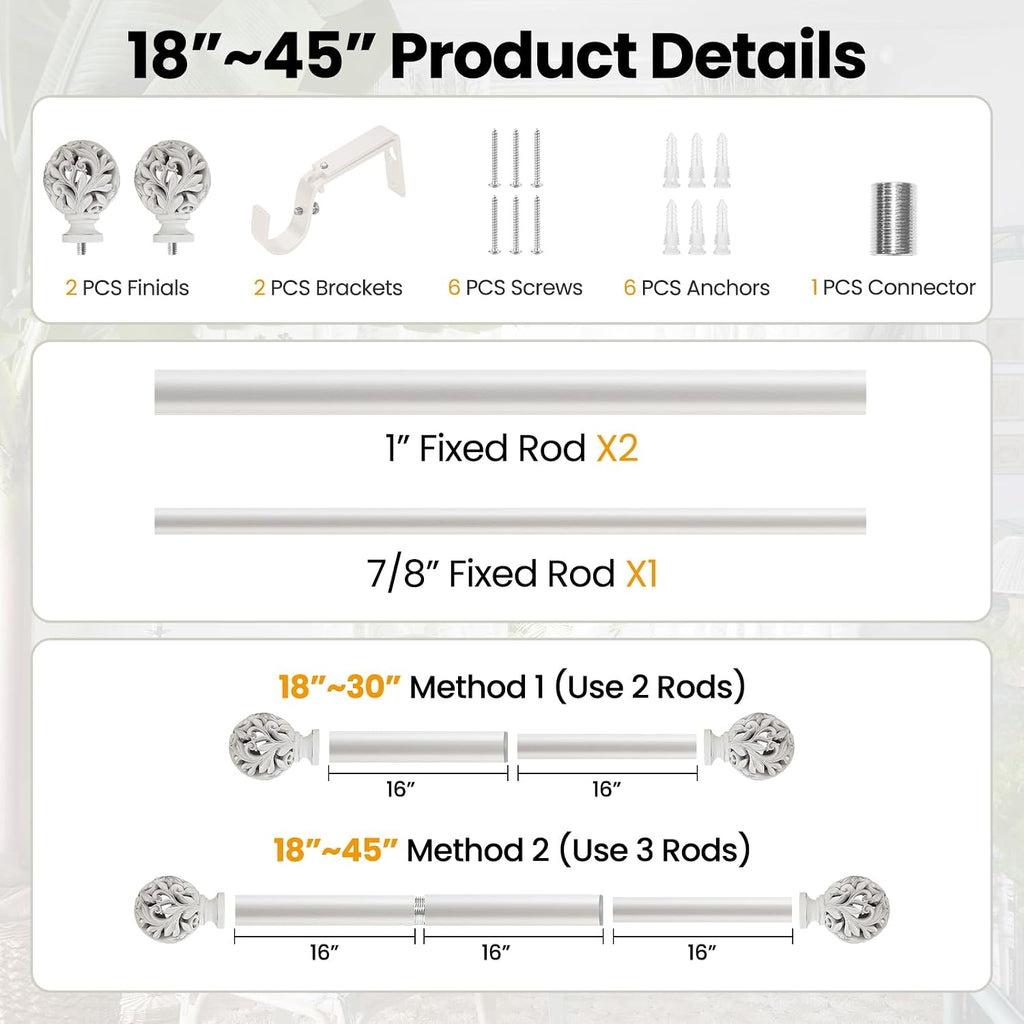 Heavy Duty Curtain Rod 18 to 64 inches (1.5-5.55 ft),1-Inch Diameter Adjustable Drapery Rod with Decorative Openwork