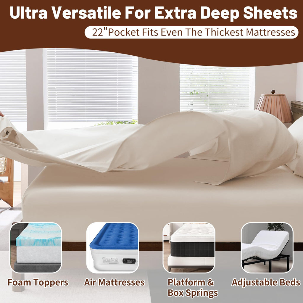 Extra Deep Pocket King Sheets 18-24 Inch 100% Egyptian Cotton 1000 Thread Count Sateen Weave Soft Breathable 4