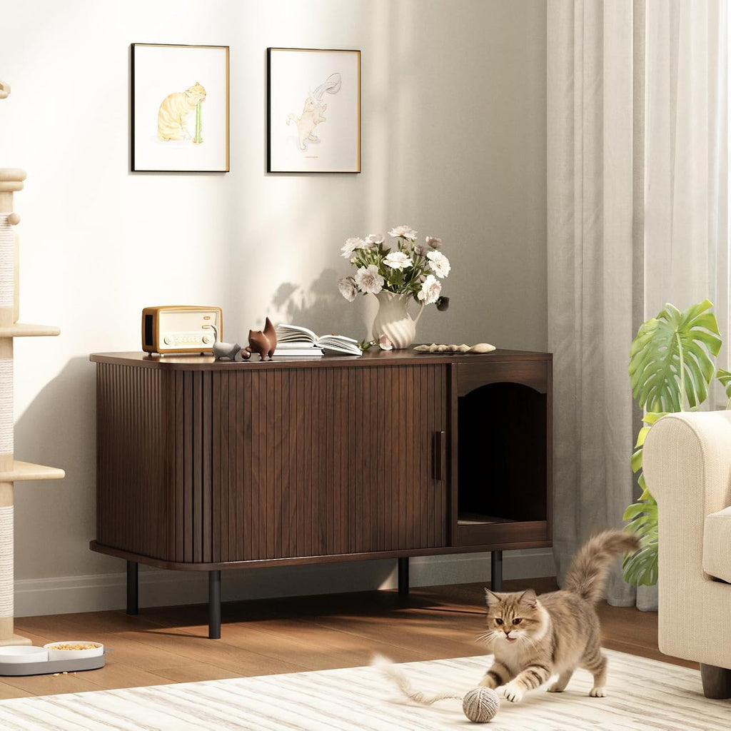 Cat Litter Box Enclosure Furniture, Fluted Hidden Litter Box, Walnut