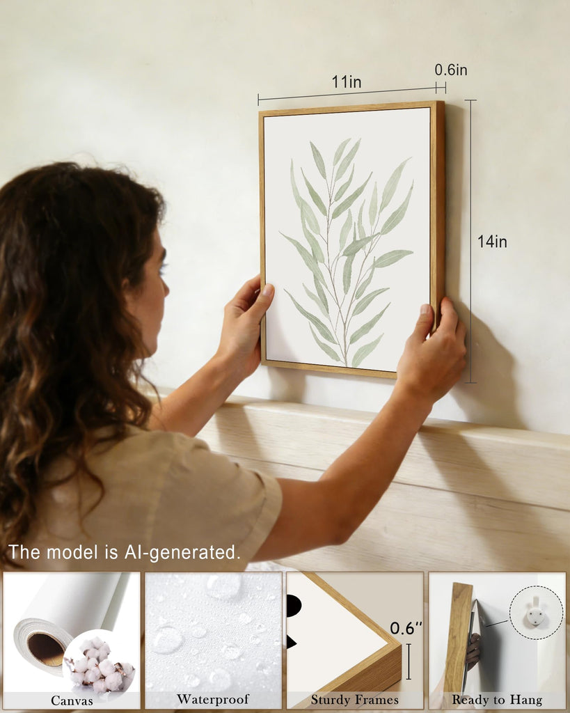 Botanical Framed Boho Wall Art Bathroom Plants Wall Decor Green Sage Eucalyptus Leaf Prints Minimalist Aesthetic