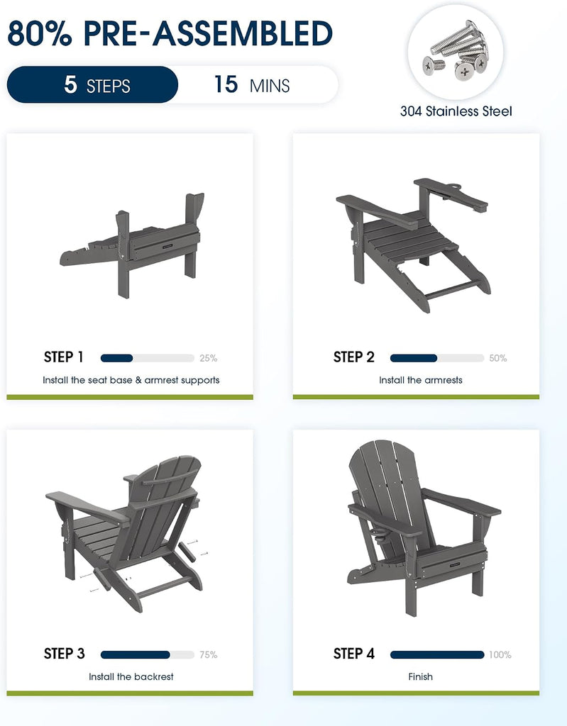 Folding Adirondack Chairs Set of 2 HDPE Weather Resistant, Patio Firepit Chairs, Sturdy Outside Chairs, Lawn Chairs