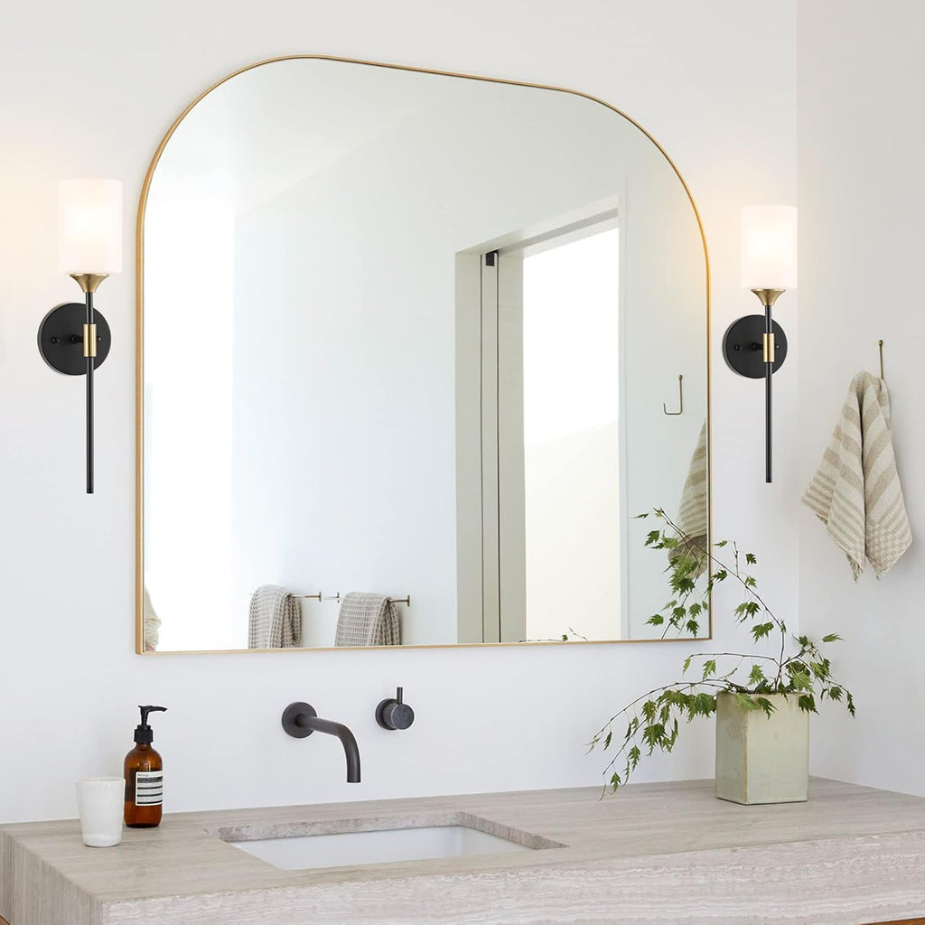 Industrial Mid Century Wall Sconce Set of 2 with White Cylinder Glass Shades Modern Bathroom Vanity Wall Lamp Black