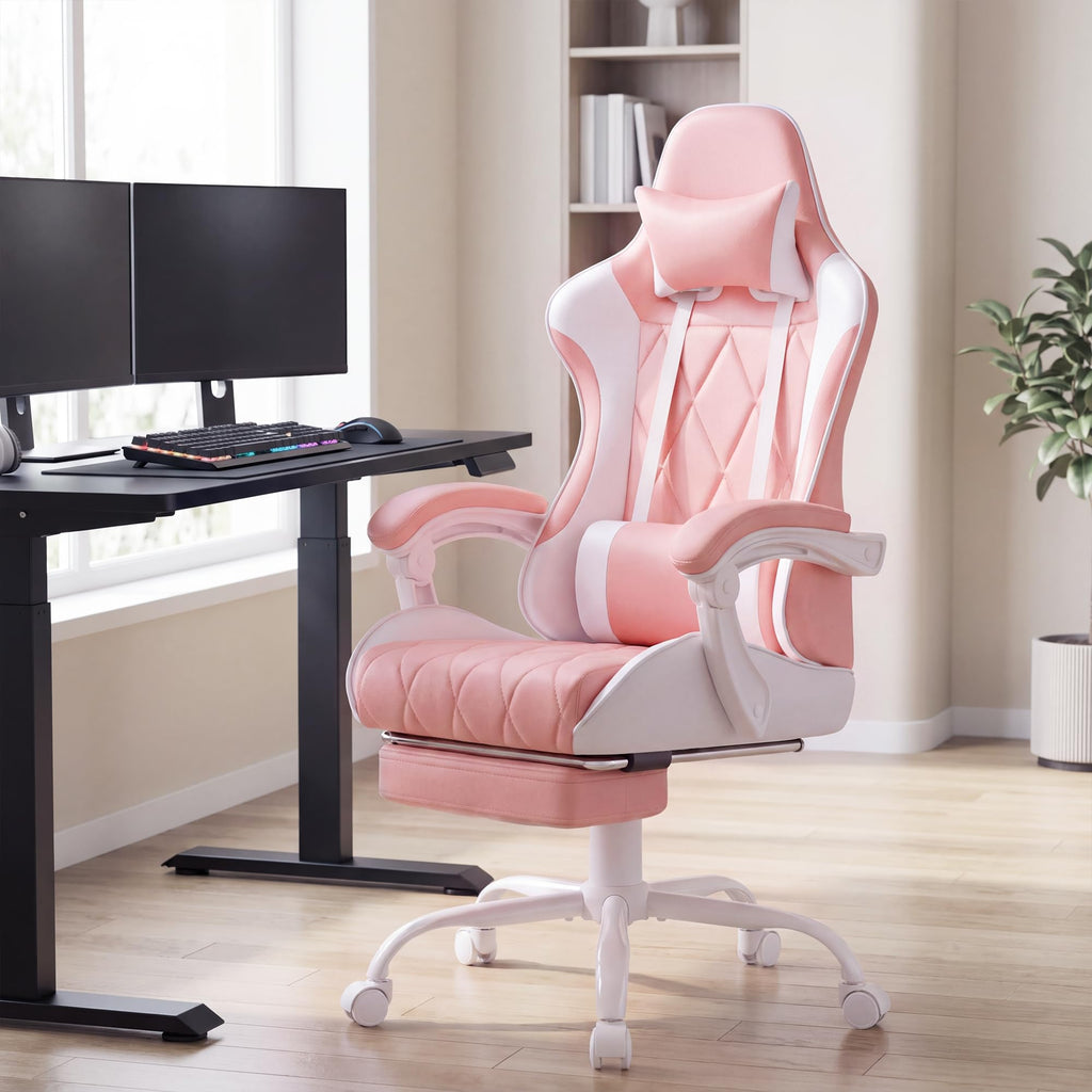 Ergonomic Gaming Chair Footrest & Massage Lumbar Support, Pink