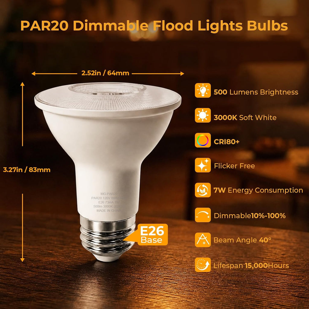 PAR20 LED Flood Light Bulbs Indoor, E26, 50W Equivalent, 3000K Soft White