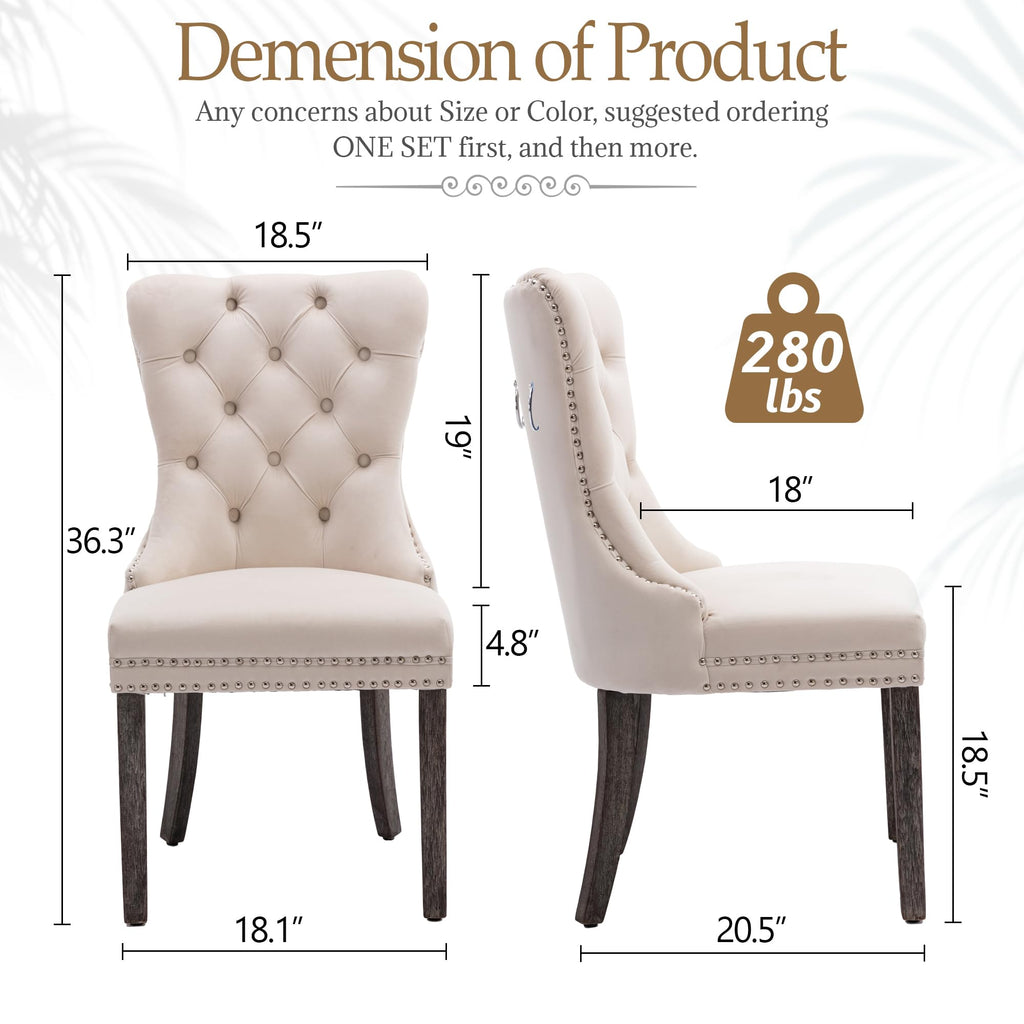 Beige Velvet Dining Chairs Set of 4, Elegant Tufted & Nailhead, Wood Legs