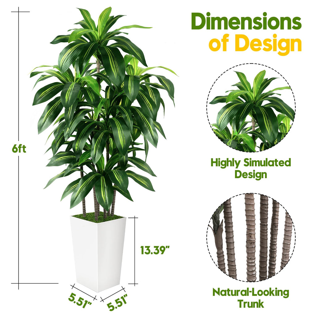 Artificial Dracaena Tree Indoor, 6FT Tall Fake Tree with White Tall Planter