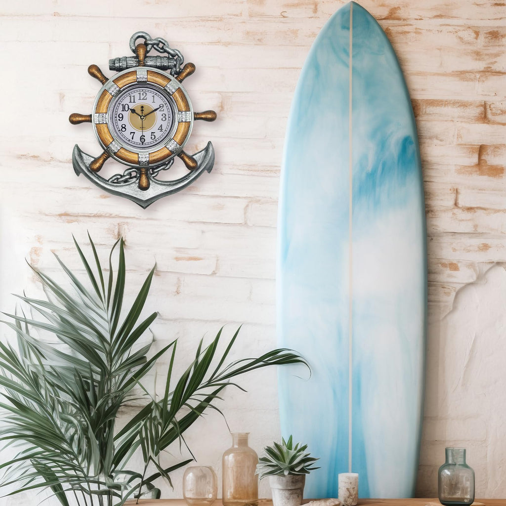 Anchor Clock- Nautical Ship Wheel Rudder Outdoor Wall Clock - Beach Sea Style Decorative Clock (Retro Silver+Bronze)