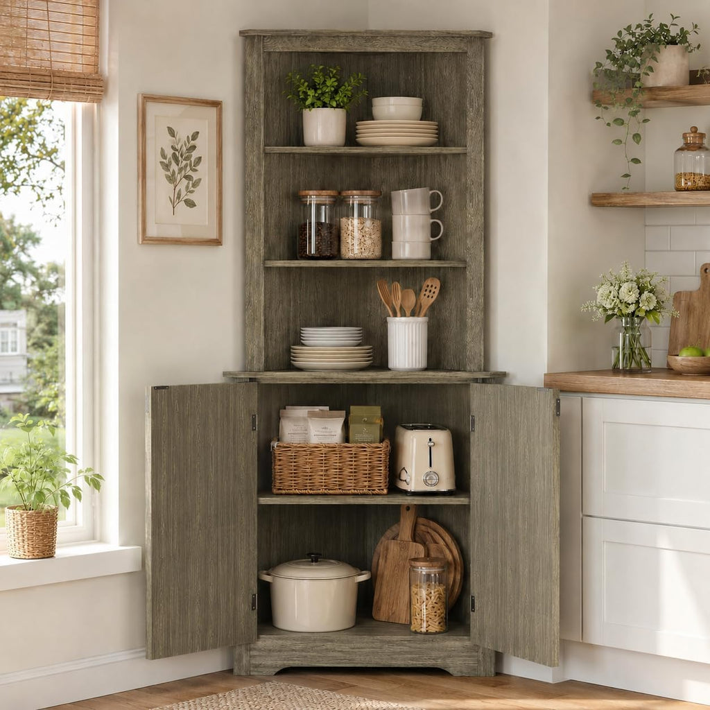 68" H Tall Farmhouse Corner Cabinet with 2 Barn Doors, Grey