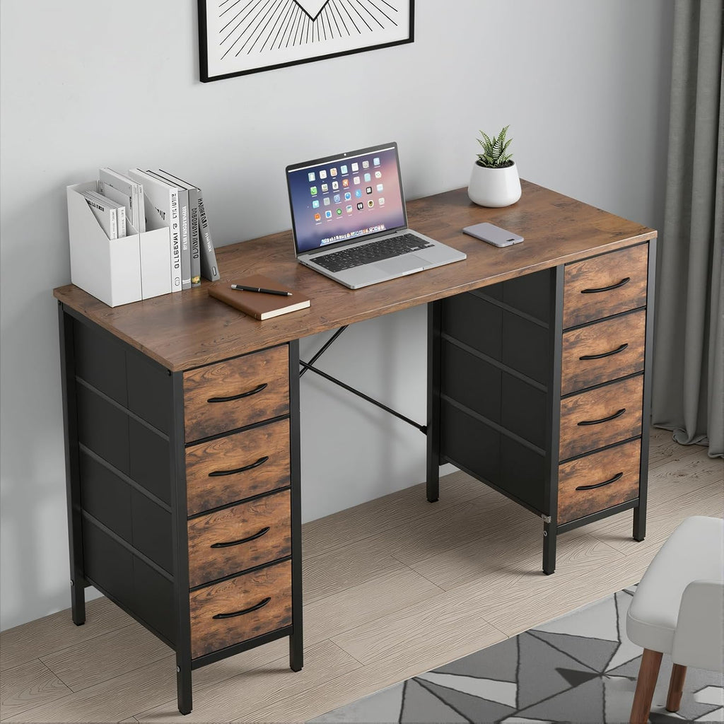 Desk with 8 Fabric Storage Drawers, Computer Office 47 Inch Gaming Writing Study Table with X-Shaped Reinforced