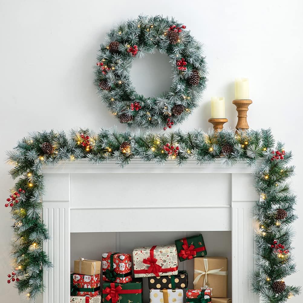 With Lights, Prelit Greenery Garland Pine Cones and Red Berries Christmas Garland for Mantle, Pine Garland with 50