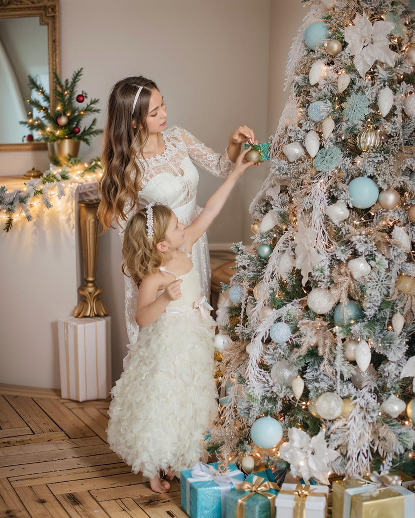 Pre-lit Snow Flocked Christmas Tree Spruce with Remote Control, 600 Warm White Multi-Color Lights, Artificial