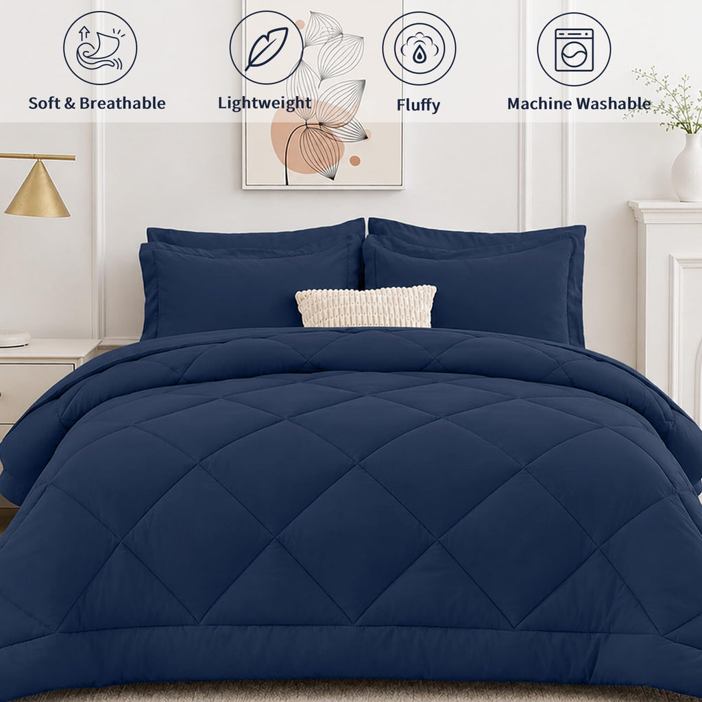 Comforter Set 7 PCS, Navy Blue Bed Set, Soft Bed in a Bag