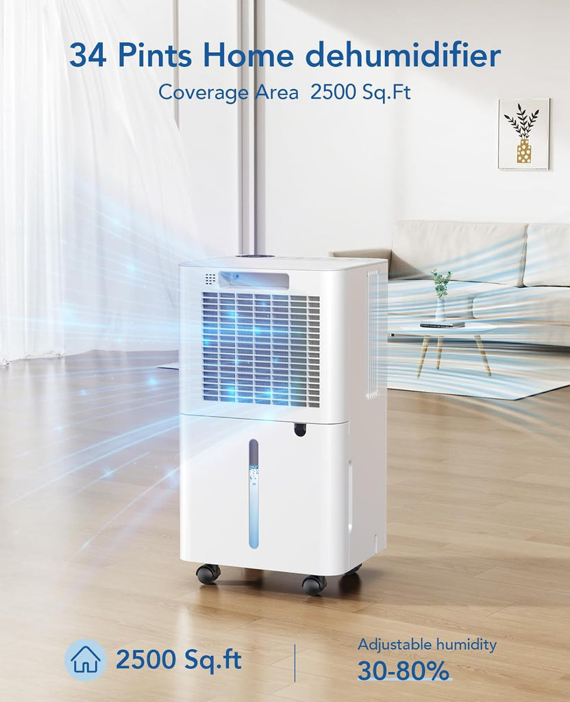 2500 Sq.Ft Dehumidifier for Basement with Drain Hose Max 34 Pints, Dehumidifiers for Home Large Room Bathroom Bedroom