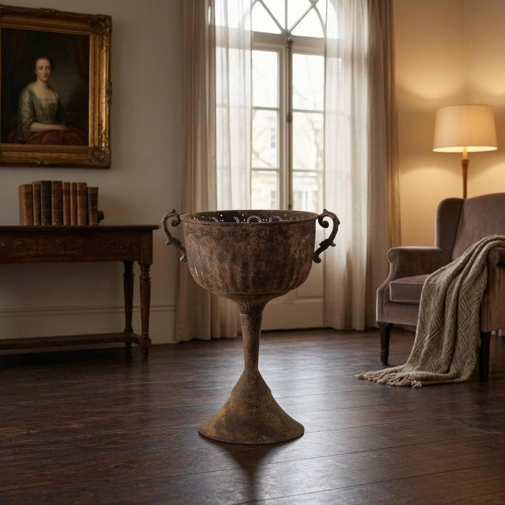 Outdoor Trophy Planter Urn Planter Pedestal Planter Flower Planter with Stone Like Brown Finish and Embossed Band