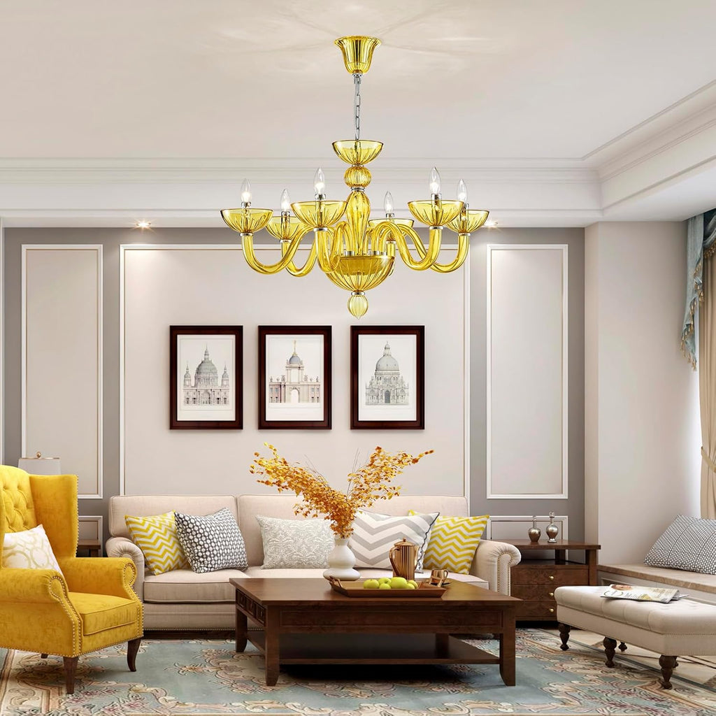 6 Light Crystal Chandelier, Modern Dining Room Light Fixture, Yellowish Green Crystal Pendant Light for Bedroom Livingroom, S Glass Tube, D30xW30xH20, E12 Socket A100-B0DSPRQ2SH