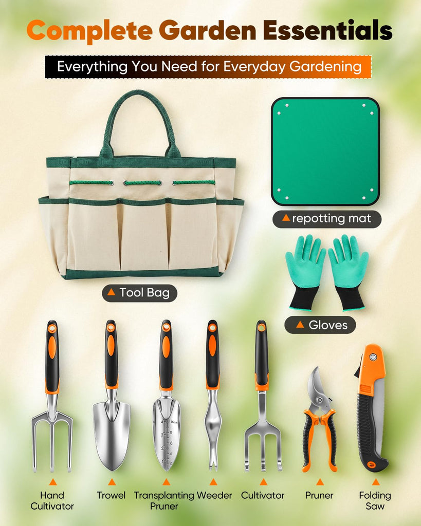 Garden Tool Set Gardening Tools - Heavy Duty Aluminum Tool Kit with Non-Slip Handle, Gardening Gloves and Tool Bag