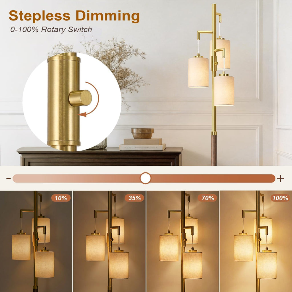Dimmable Floor Lamps, 70" Wood Walnut Standing Tall Lamp