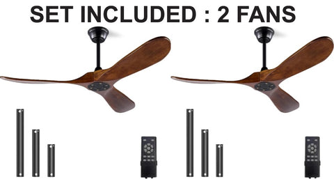 Set of 2 - Solid Wood Ceiling Fan Without Light, 52 inch Walnut Ceiling Fan with 3 Wood Blades 6 Speeds Smart Timing Reversible DC Motor, Modern Ceiling Fans for Indoor Outdoor Farmhouse/Patios - Dark Walnut