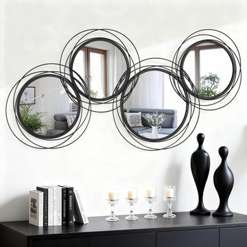 Round Decorative Wall Mirror, Black 4 Pcs Circle Modern Mirror Wall Art Ring Metal Mirrors Wall Mounted Bedroom