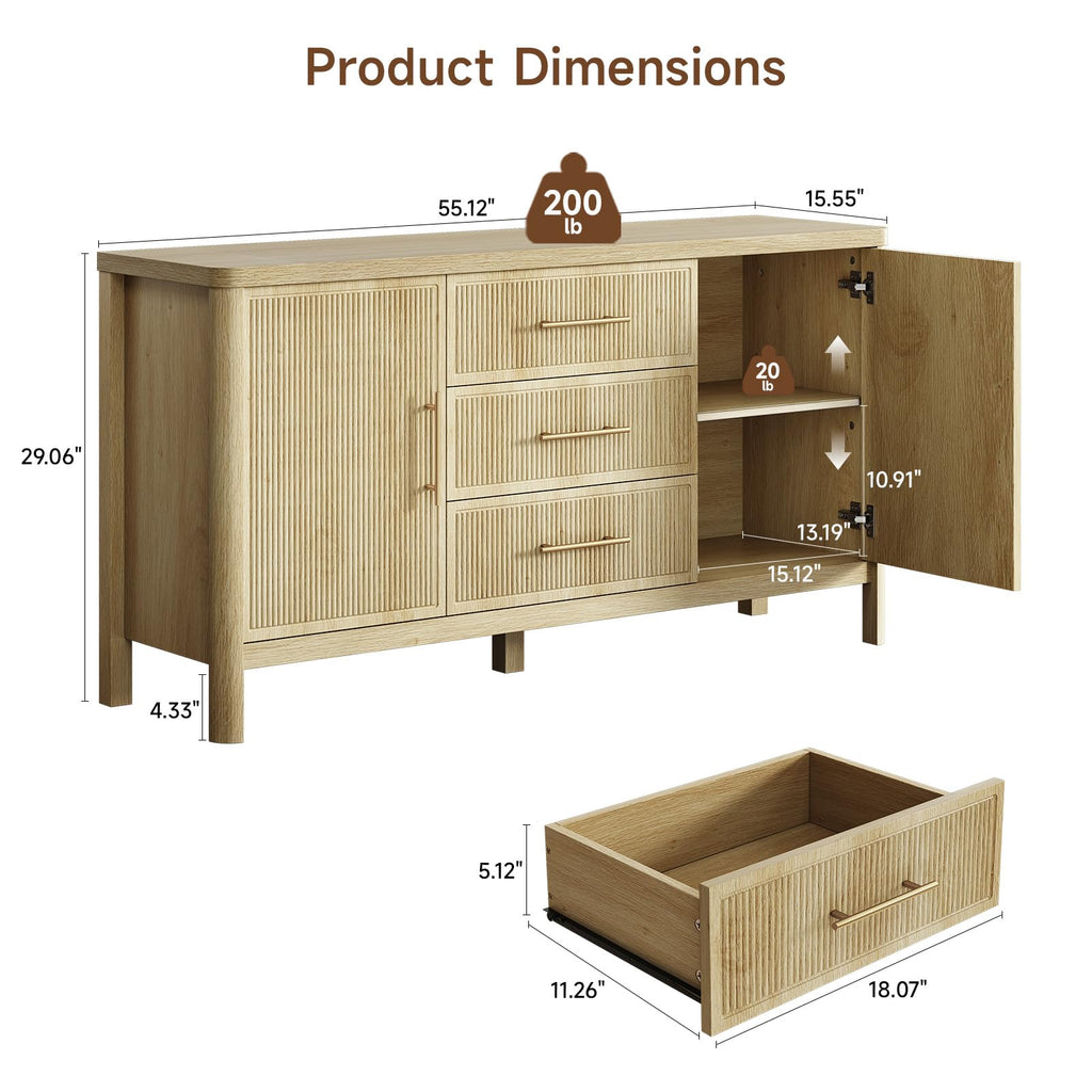 55" Sideboard Buffet Cabinet with Storage and 3 Drawers, Oak