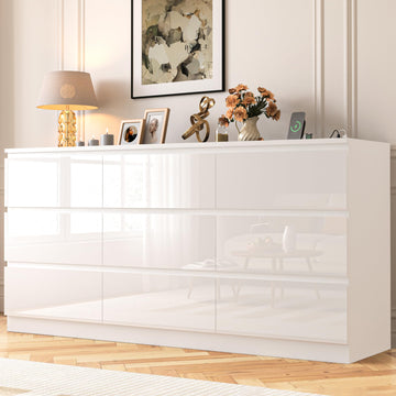 70 INCH 9 Drawers Dresser with Power Outlet, Wide High Gloss Chest of Drawers Large, Modern Storage Drawer Dresser