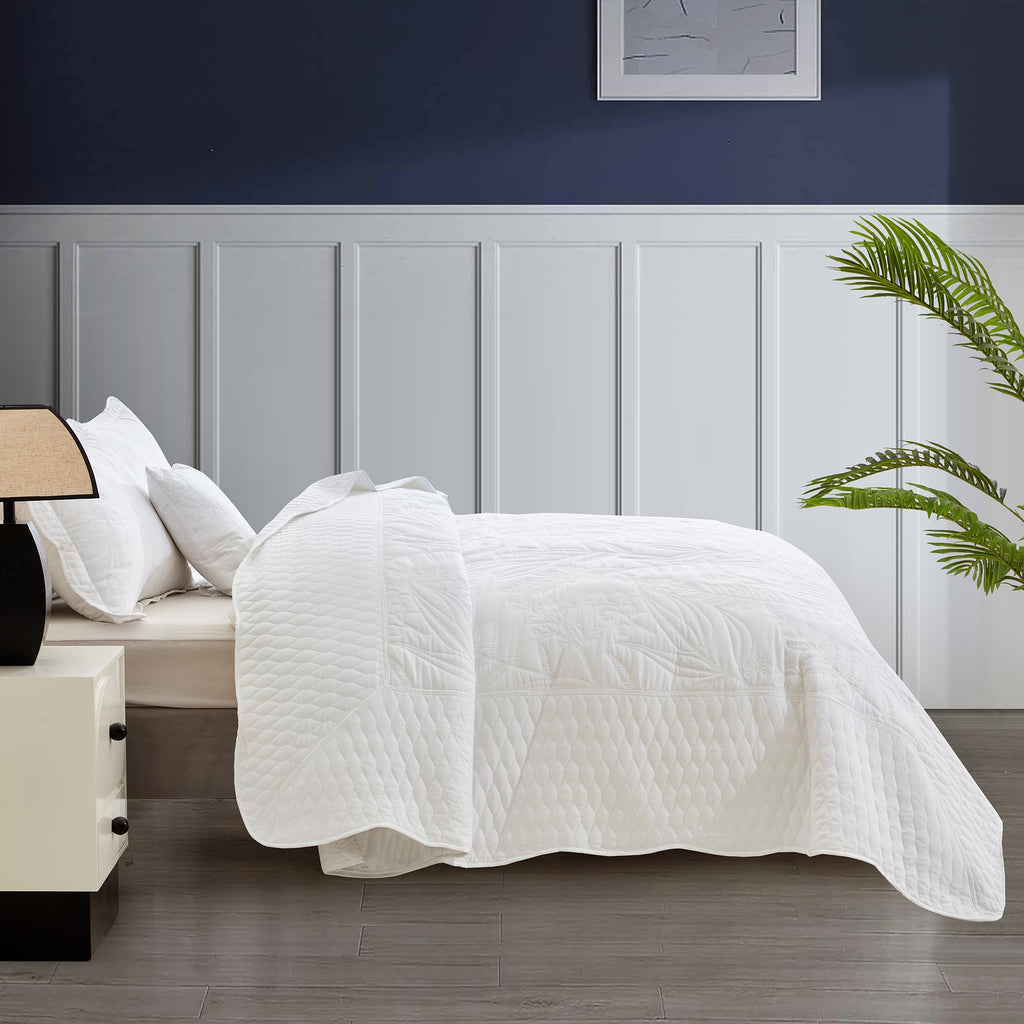 Bedspread oversized Queen 102x118, Beautiful Leaf Stitching, 5 PC, White