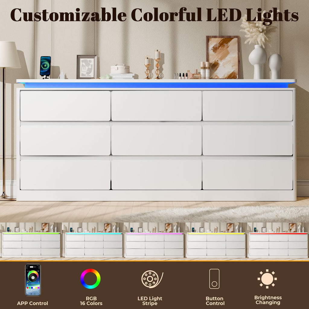 9 Drawer, 62.99" Long White Chest of Drawers w/LED Light