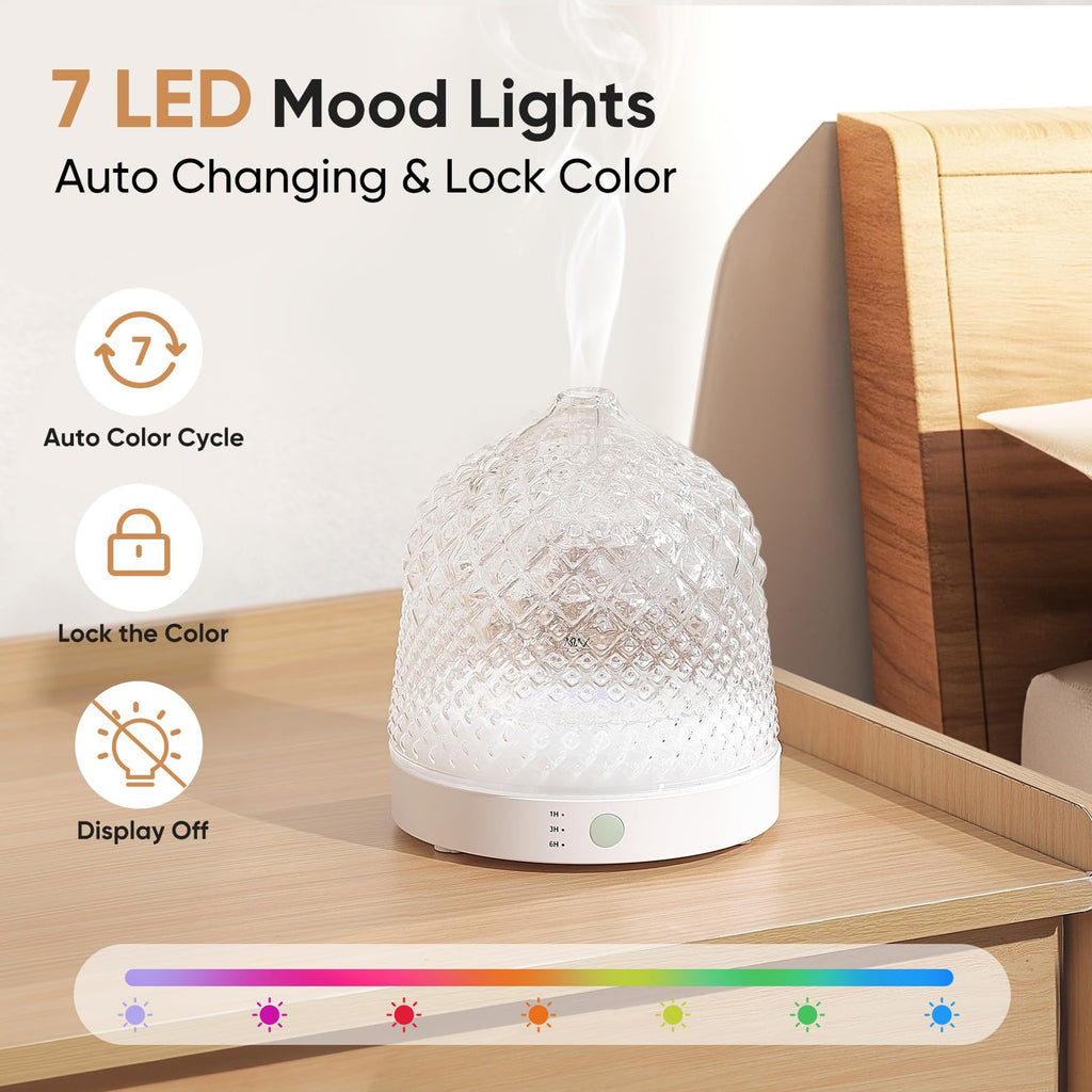 Glass Essential Oil Diffuser, 200ml Ultrasonic Aroma Diffusers with Glass Reservoir Dome & White Plastic Base Lock