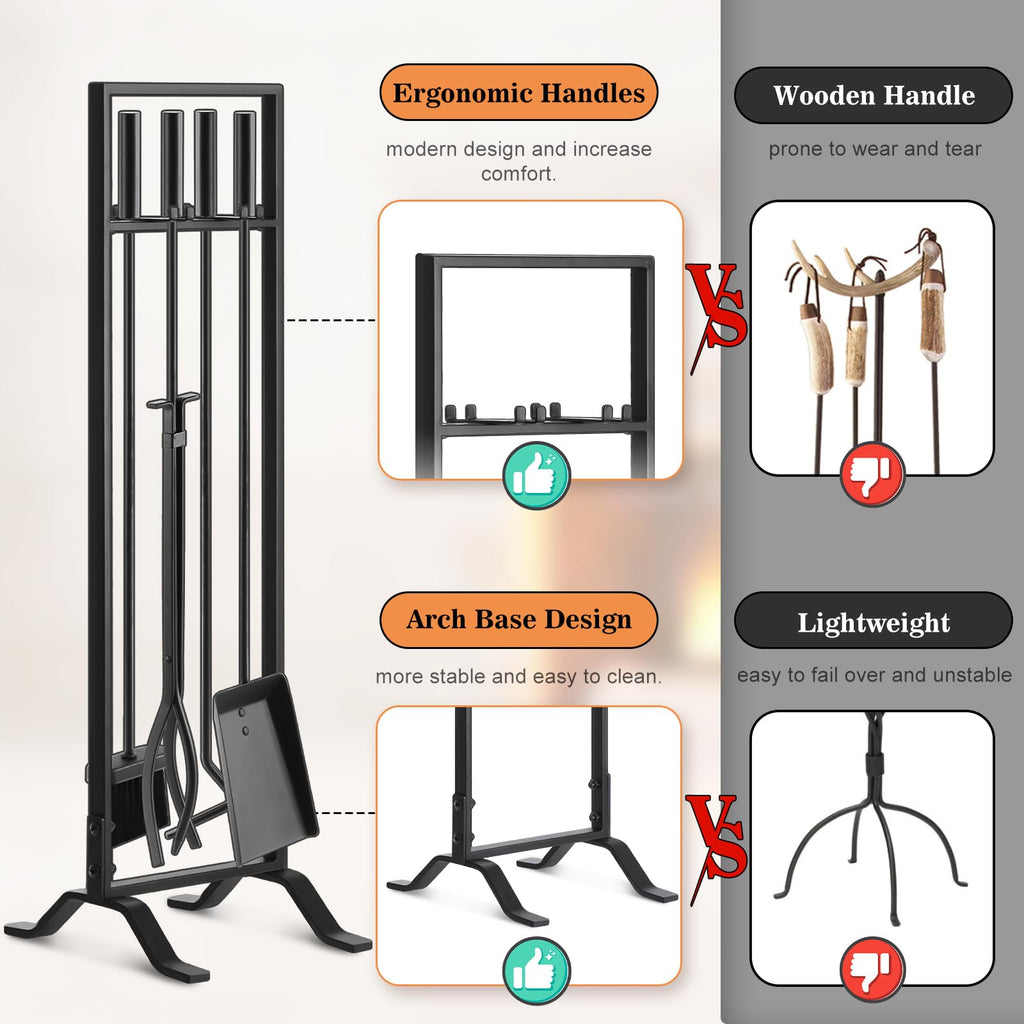 Premium 5 Pcs Wrought Iron Fireplace Tools Set for Outdoor/Indoor, Fire Place Set Tools Include Poker, Tongs