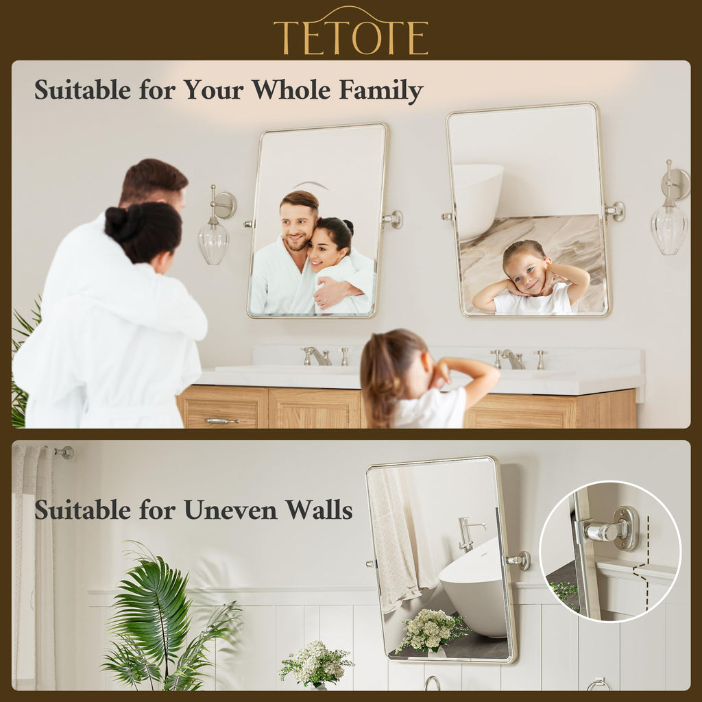 Brushed Nickel Pivot Rectangle Bathroom Vanity Mirror 24 x 36 Tilt Beveled Mirror, Pivoting Metal Framed Tempered