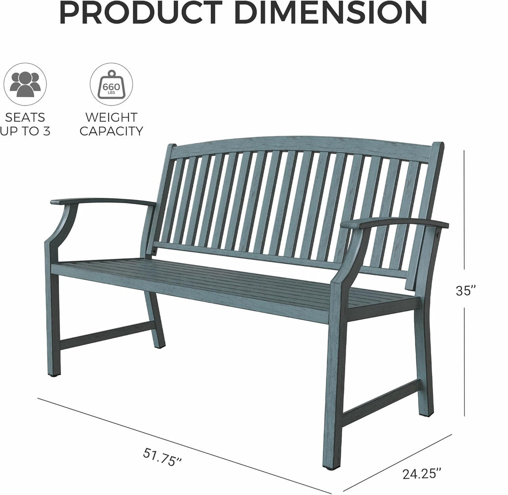 52" Farmhouse Outdoor Bench, Garden Benches with Anti-Rust Aluminum Metal Frame, Faux Wood Grain Finish Frame Patio