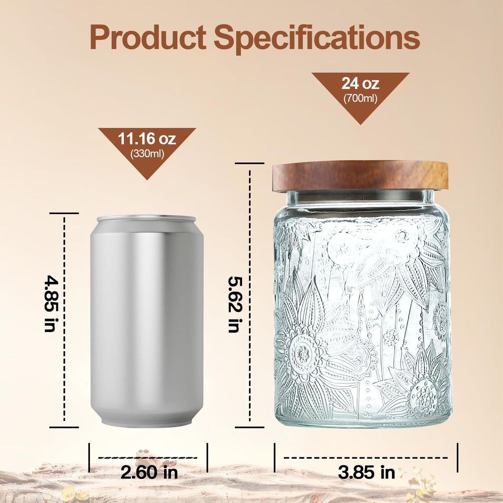 6-Pack 24 OZ Vintage Glass Jar with Lid, Airtight Food Storage Canisters with Bamboo Counter Pantry, Ideal for