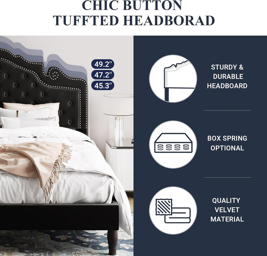 Full Bed Frame with Adjustable Velvet Tiara Headboard, Upholstered Diamond Button Tufted Platform Bed