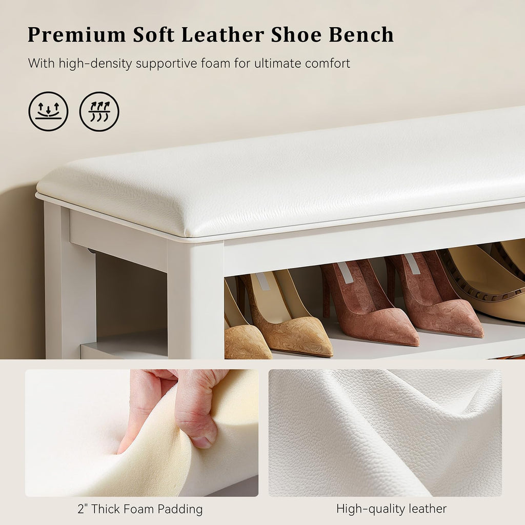 Shoe Rack Bench with 3 Tier Adjustable Shelves Rubberwood Entryway