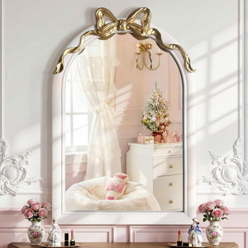 36x24 Arched White Bow Wall Mirror with Gold Ribbon, Vintage Vanity Mirror Decor, Cute Coquette Aesthetic Engineered